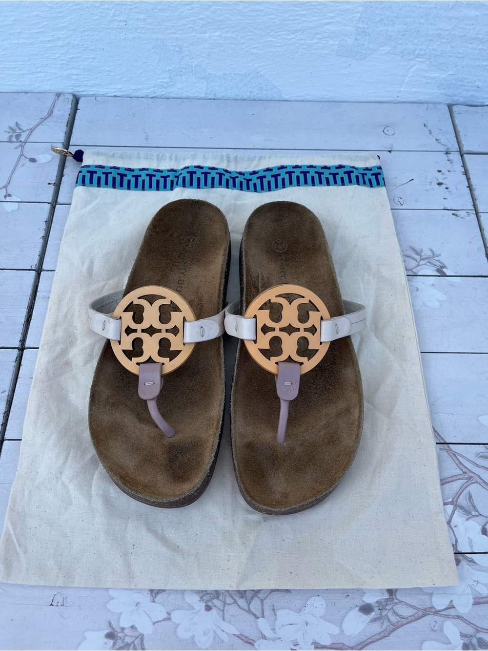 Tory Burch White and Pink Miller Logo Thong Sandals